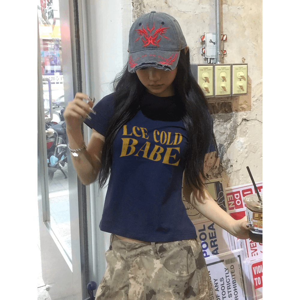아메리칸 레트로 순면 몸매 가꾸기 긍정적 인 어깨 라운드 넥 프린트 반팔 티셔츠 이미지 5
