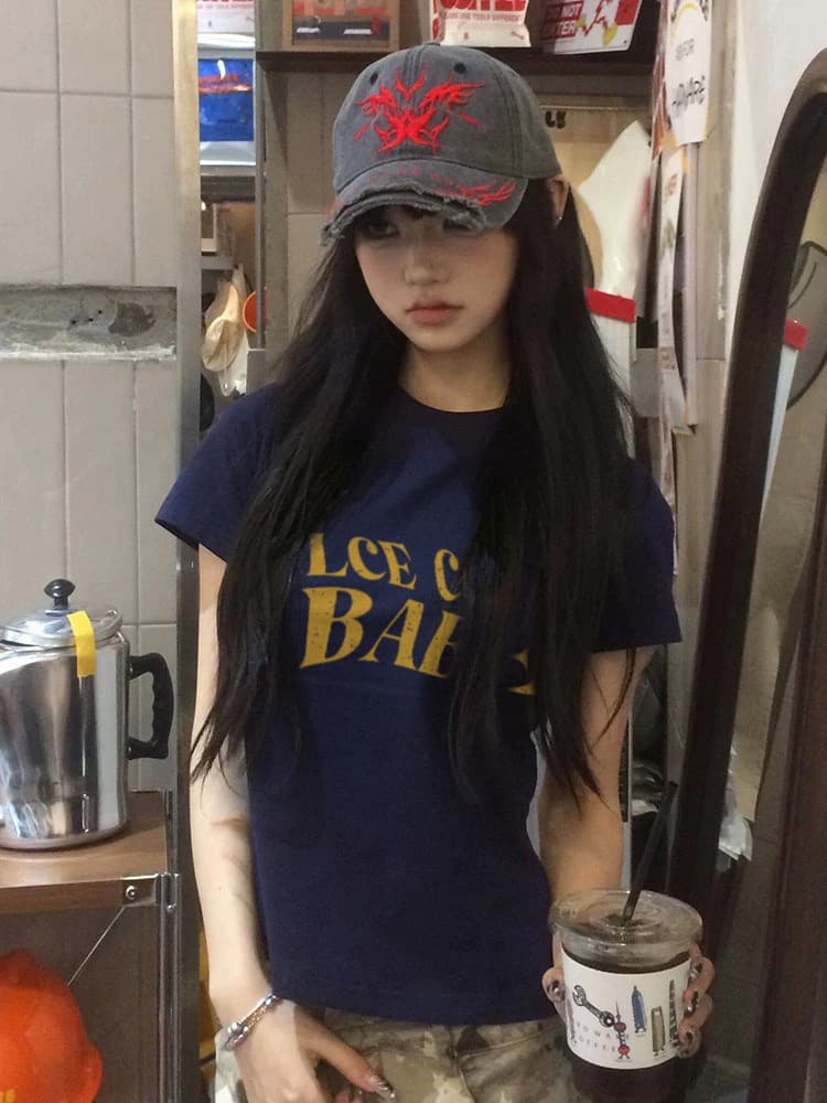 아메리칸 레트로 순면 몸매 가꾸기 긍정적 인 어깨 라운드 넥 프린트 반팔 티셔츠 상세 이미지 1