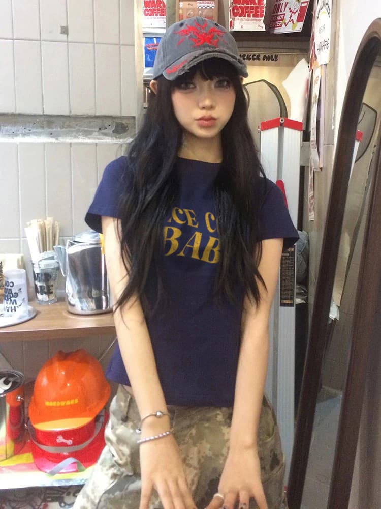 아메리칸 레트로 순면 몸매 가꾸기 긍정적 인 어깨 라운드 넥 프린트 반팔 티셔츠 상세 이미지 2