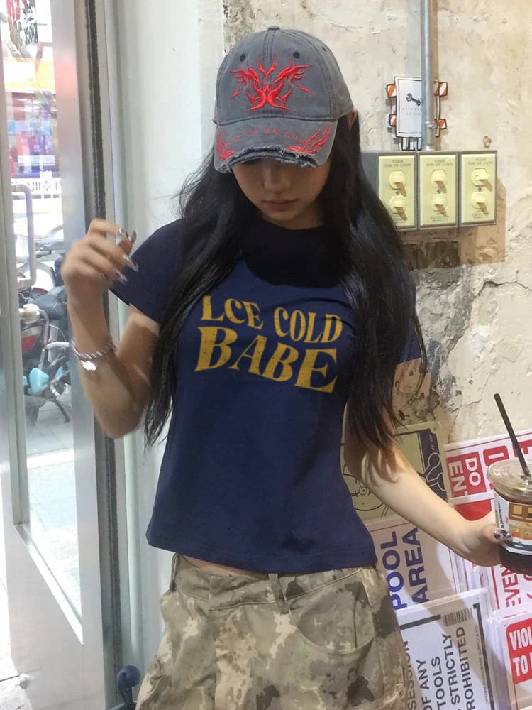 아메리칸 레트로 순면 몸매 가꾸기 긍정적 인 어깨 라운드 넥 프린트 반팔 티셔츠 상세 이미지 4