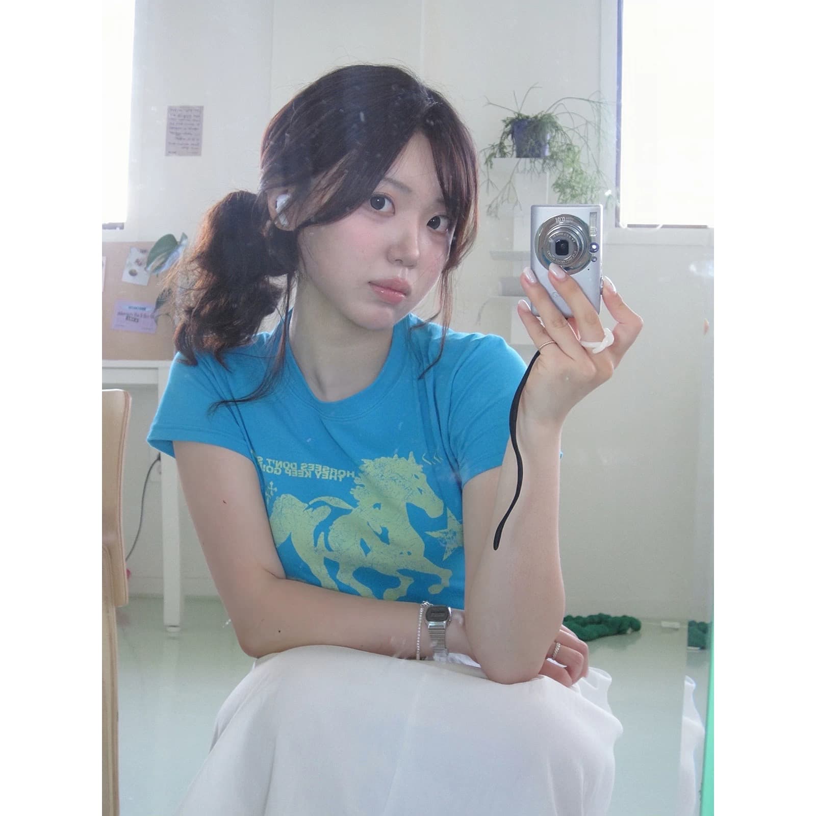 아메리칸 레트로 순면 몸매 가꾸기 긍정적 인 어깨 라운드 넥 프린트 반팔 티셔츠 상세 이미지 1