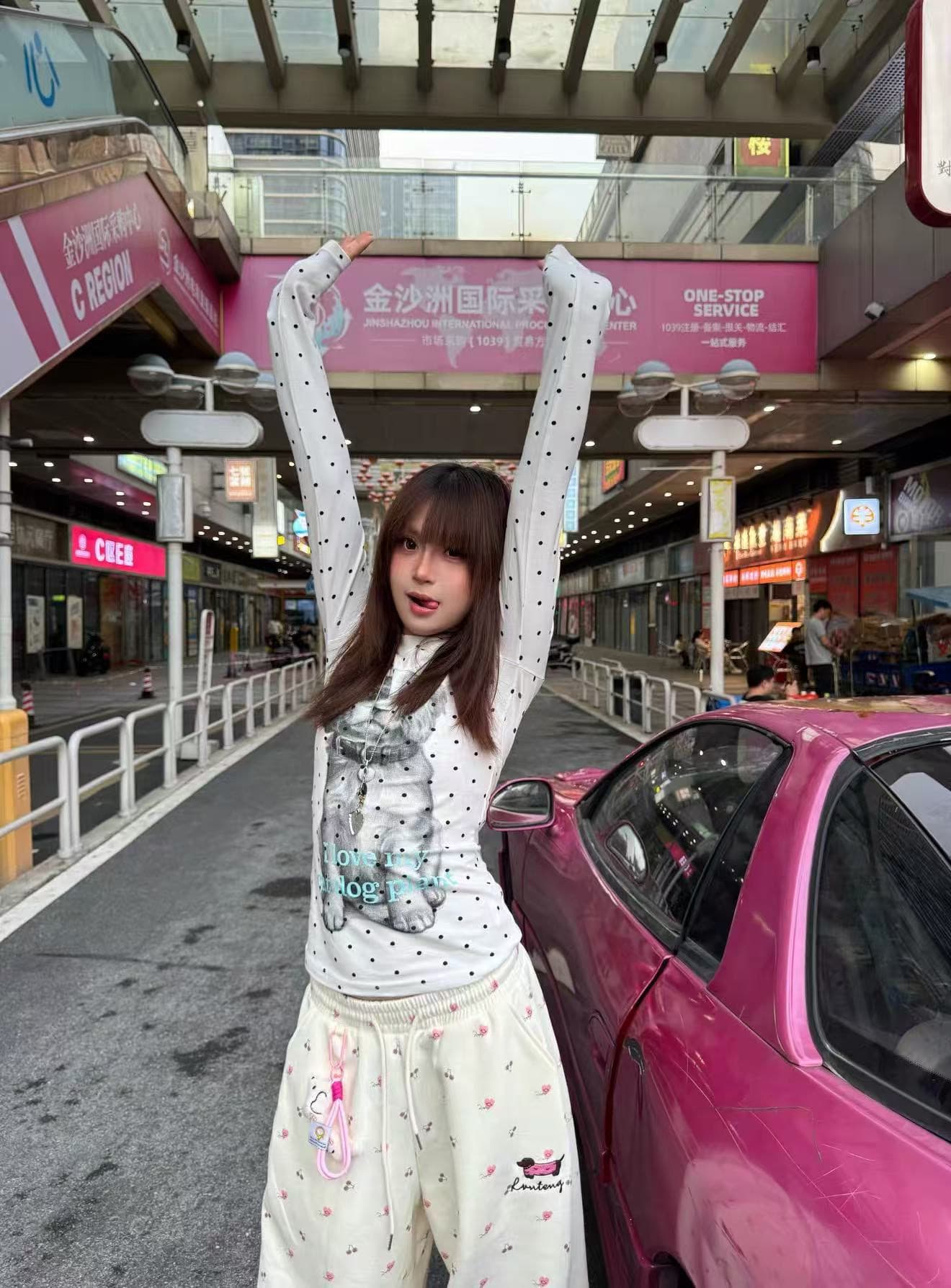 220 그램 40 빗질하다 92 면 이후 패키지 칼라 프린트 도트 무늬 긴팔 티셔츠 여성 몸매 가꾸기 라운드 넥 맨위 이미지 2