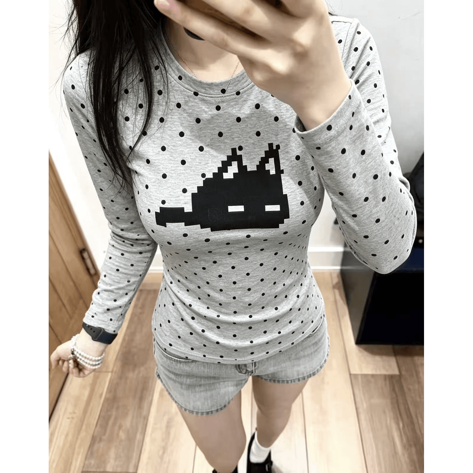 220 그램 40 빗질하다 92 면 이후 패키지 칼라 프린트 도트 무늬 긴팔 티셔츠 여성 몸매 가꾸기 라운드 넥 맨위 이미지 5