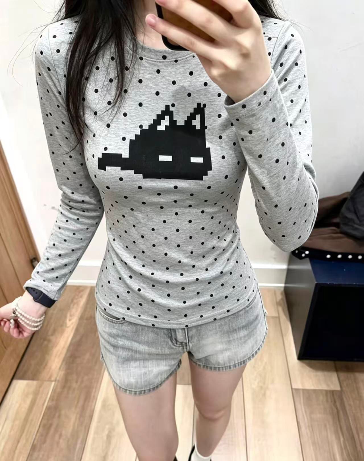 220 그램 40 빗질하다 92 면 이후 패키지 칼라 프린트 도트 무늬 긴팔 티셔츠 여성 몸매 가꾸기 라운드 넥 맨위 상세 이미지 3