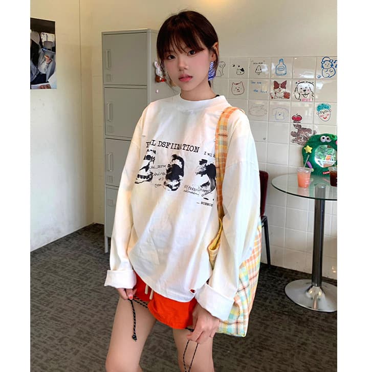 210 그램 21 이후 패키지 칼라 프린트 가을 의상 긴팔 티셔츠 여성 루즈핏 순면 라운드 넥 맨위 상세 이미지 1