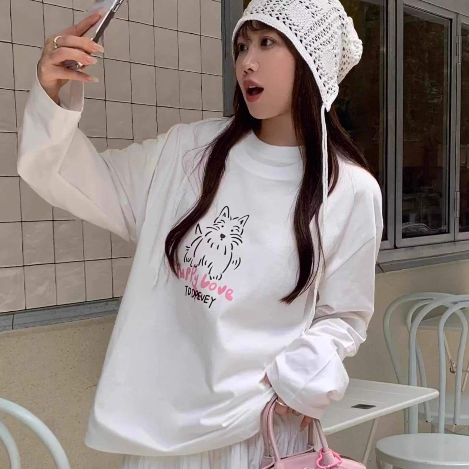 210 그램 21 이후 패키지 칼라 프린트 가을 의상 긴팔 티셔츠 여성 루즈핏 순면 라운드 넥 맨위