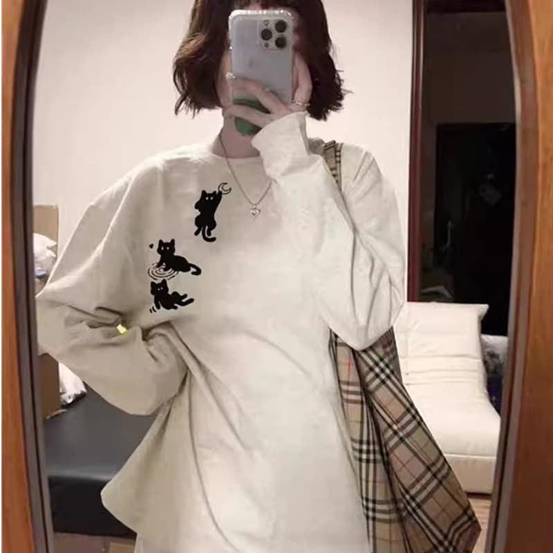 210 그램 21 이후 패키지 칼라 프린트 가을 의상 긴팔 티셔츠 여성 루즈핏 순면 라운드 넥 맨위