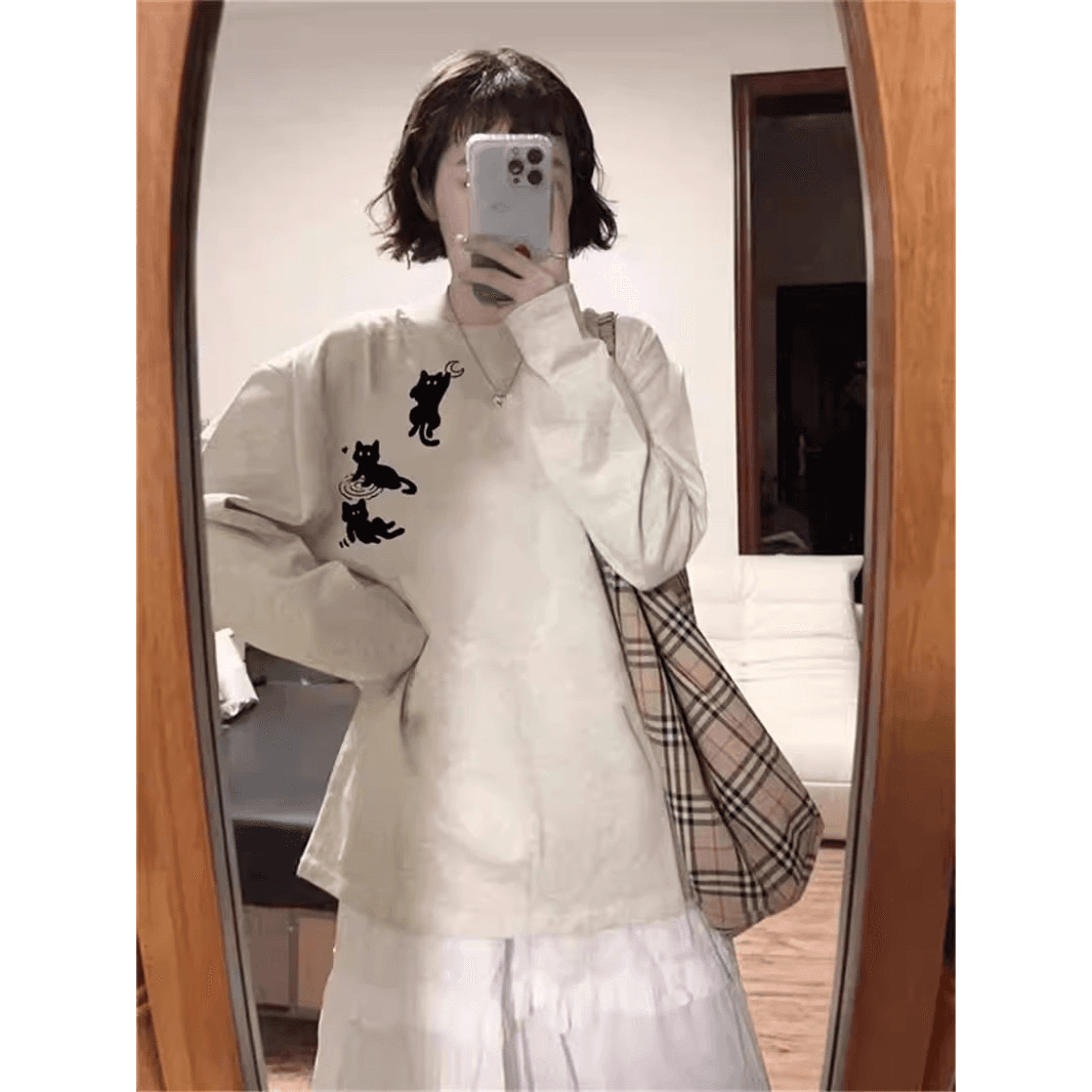 210 그램 21 이후 패키지 칼라 프린트 가을 의상 긴팔 티셔츠 여성 루즈핏 순면 라운드 넥 맨위 이미지 5