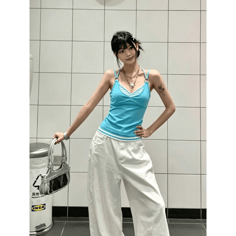 260 그램 사람들 면 모달 캐미솔 여성 더블 어깨끈 스트라이프 페이크 레이어드 몸매 가꾸기 인사이드 잡아라. 의류 이미지 5
