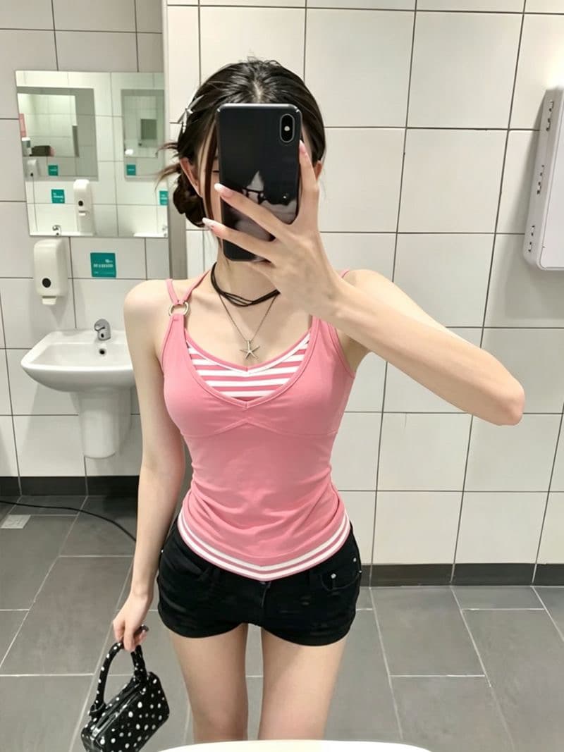 260 그램 사람들 면 모달 캐미솔 여성 더블 어깨끈 스트라이프 페이크 레이어드 몸매 가꾸기 인사이드 잡아라. 의류 상세 이미지 7