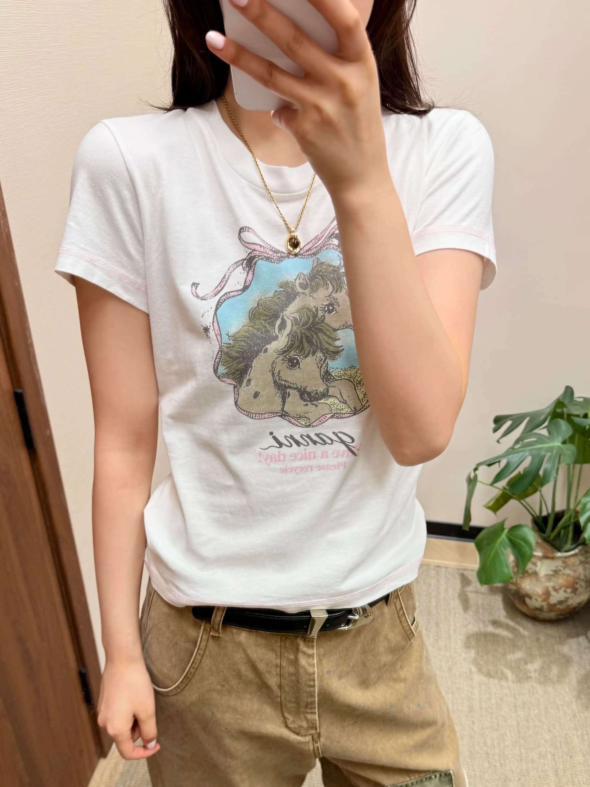 아메리칸 레트로 순면 몸매 가꾸기 긍정적 인 어깨 라운드 넥 프린트 반팔 티셔츠 상세 이미지 2