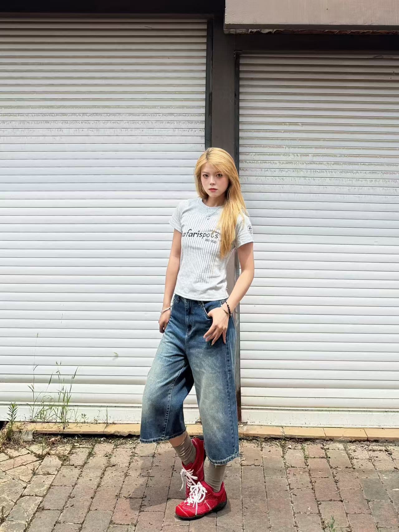 아메리칸 레트로 순면 몸매 가꾸기 긍정적 인 어깨 라운드 넥 프린트 반팔 티셔츠 상세 이미지 3