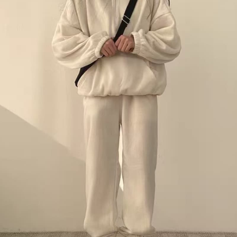 한국 스타일 chic 레트로 두꺼운 보온 폴로 칼라 풀오버 긴팔 후드티 조거 캐주얼 바지 투피스 세트 이미지 5