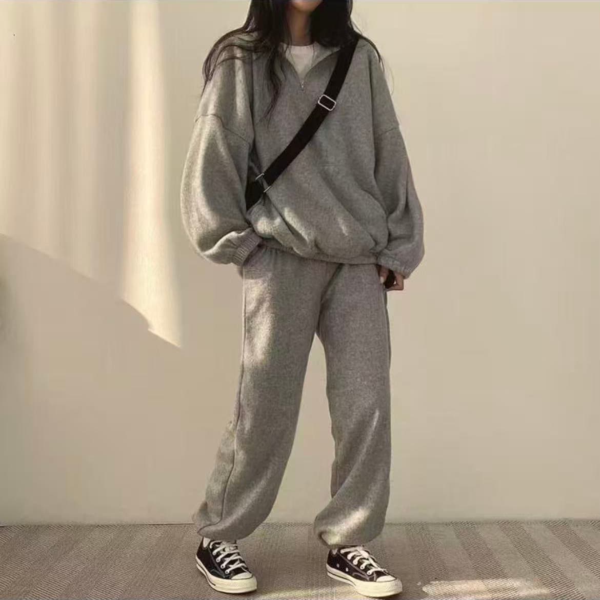 한국 스타일 chic 레트로 두꺼운 보온 폴로 칼라 풀오버 긴팔 후드티 조거 캐주얼 바지 투피스 세트 상세 이미지 1