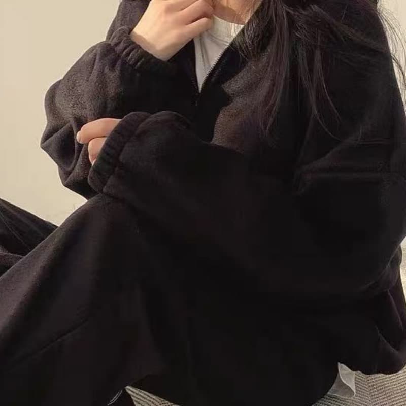 한국 스타일 chic 레트로 두꺼운 보온 폴로 칼라 풀오버 긴팔 후드티 조거 캐주얼 바지 투피스 세트 상세 이미지 2
