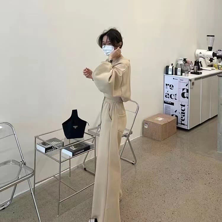 한국 패션 연령 감소 캐주얼 후드티 스포츠 슈트 여성 가을 와이드 레그 팬츠 튀김 거리 항구 바람 투피스 세트 상세 이미지 1