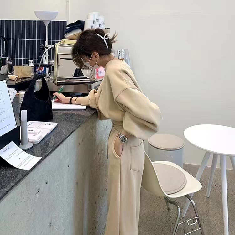 한국 패션 연령 감소 캐주얼 후드티 스포츠 슈트 여성 가을 와이드 레그 팬츠 튀김 거리 항구 바람 투피스 세트 상세 이미지 2
