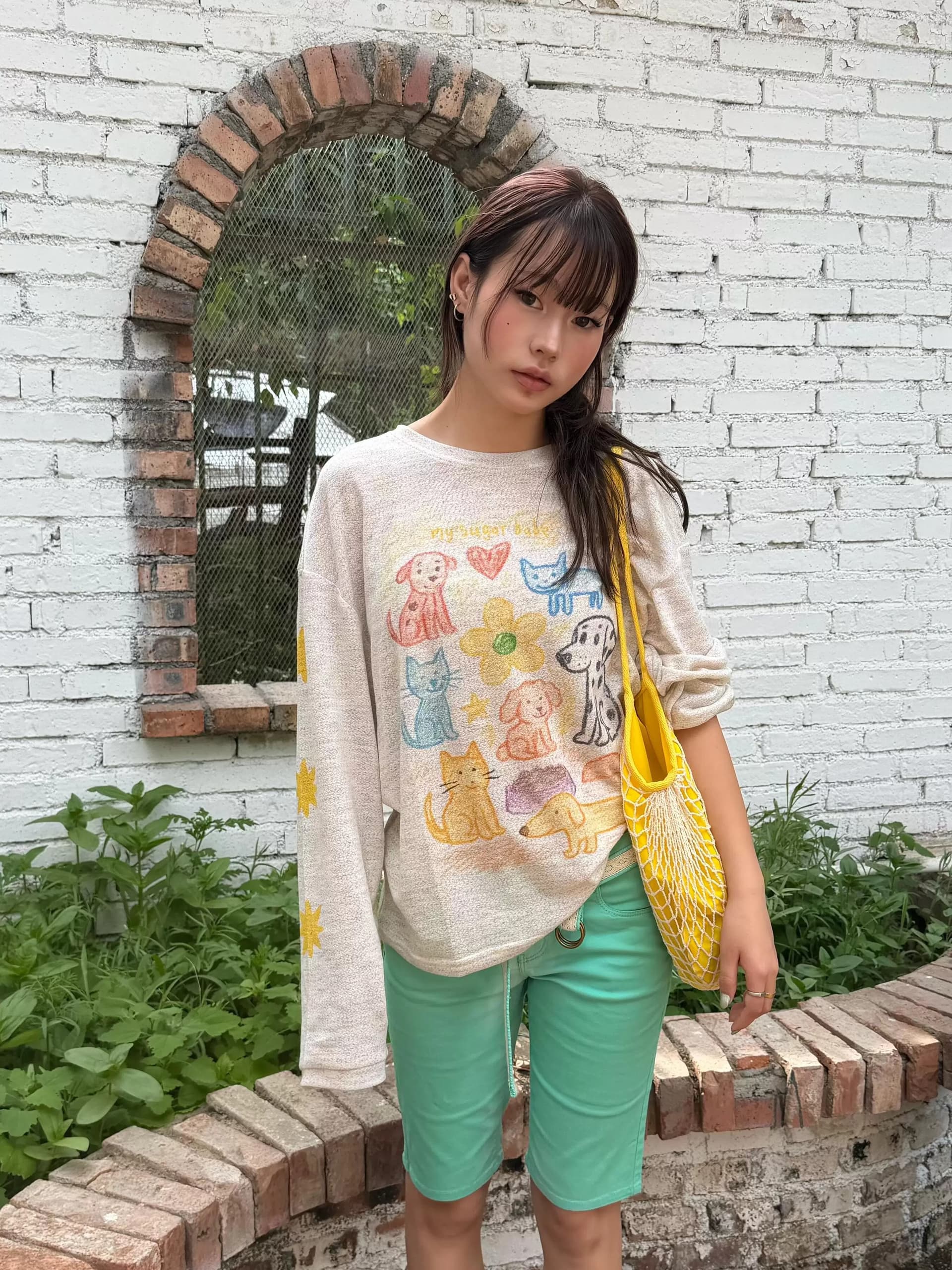 순면 210 그램 빗질하다 정밀 프린트 가을 루즈핏 긴팔 티셔츠 여성 이미지 2