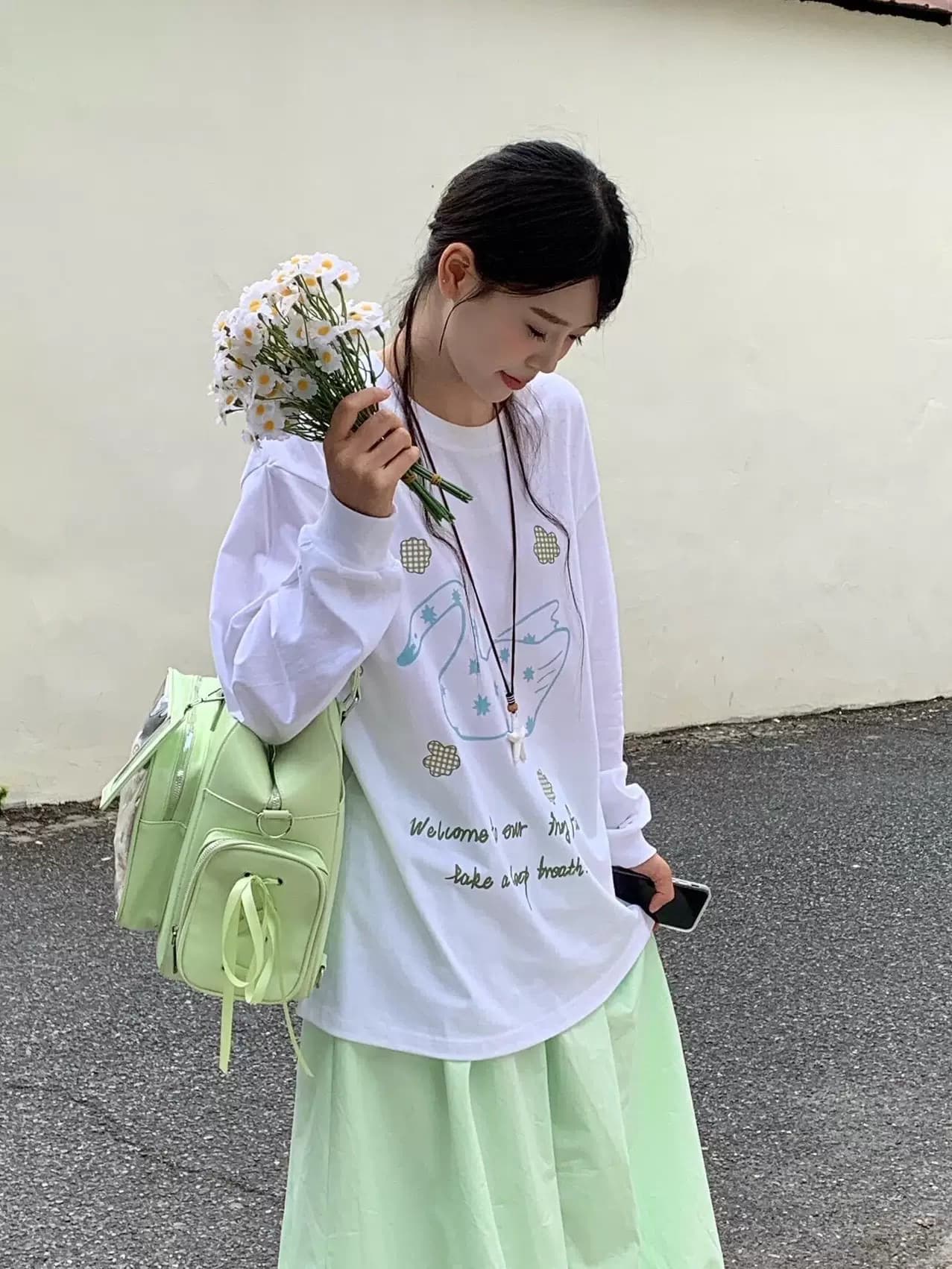 순면 210 그램 빗질하다 정밀 프린트 가을 루즈핏 긴팔 티셔츠 여성