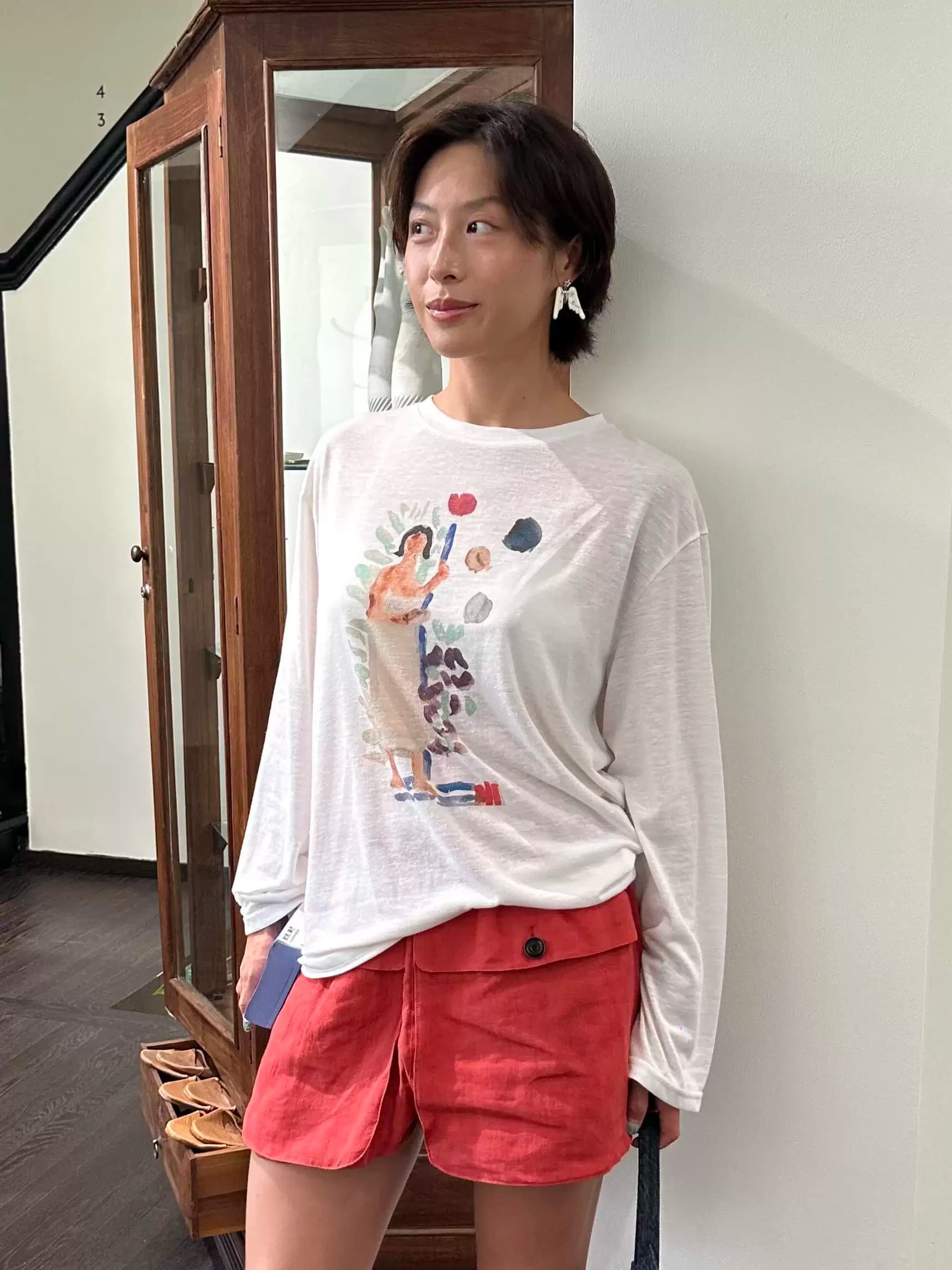 순면 210 그램 빗질하다 정밀 프린트 가을 루즈핏 긴팔 티셔츠 여성 이미지 4