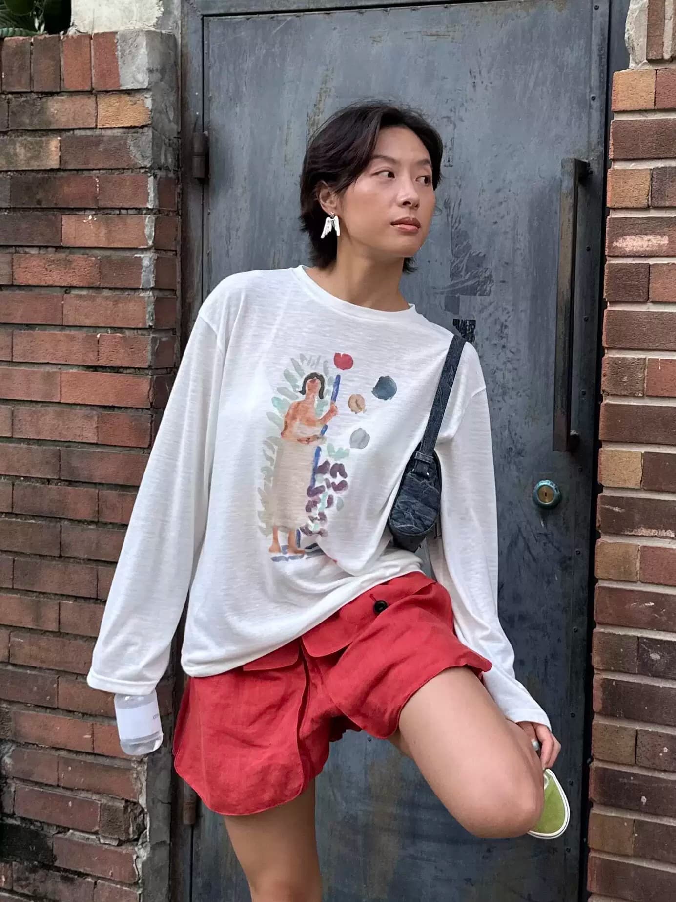 순면 210 그램 빗질하다 정밀 프린트 가을 루즈핏 긴팔 티셔츠 여성 상세 이미지 1