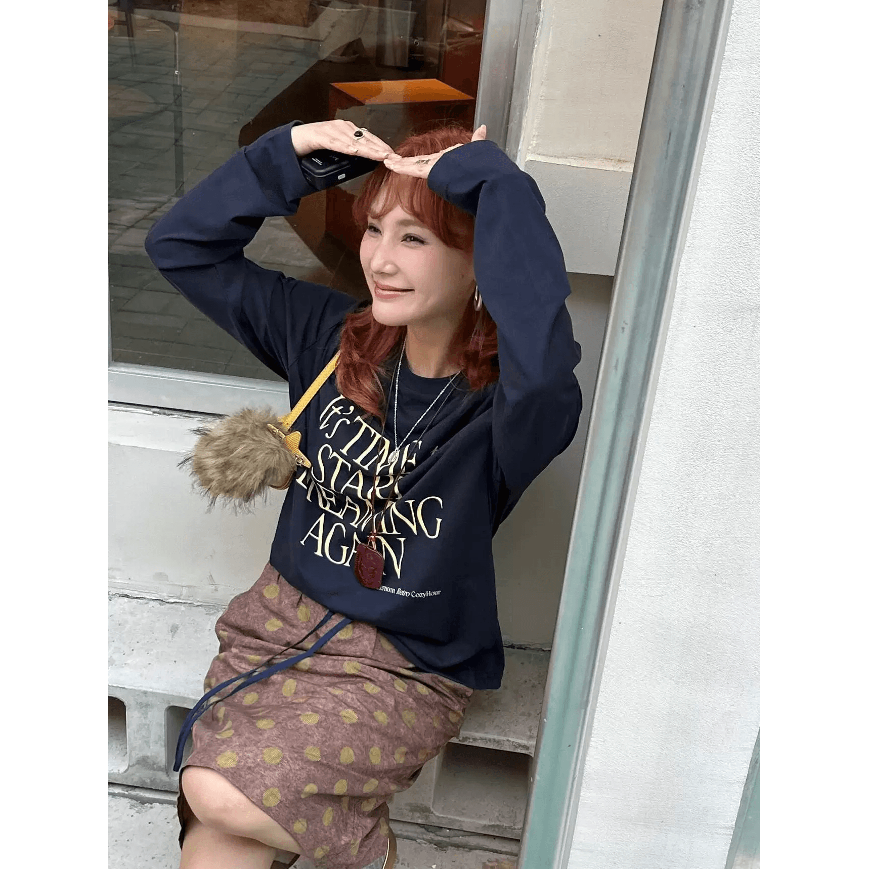 순면 210 그램 빗질하다 정밀 프린트 가을 루즈핏 긴팔 티셔츠 여성 이미지 5