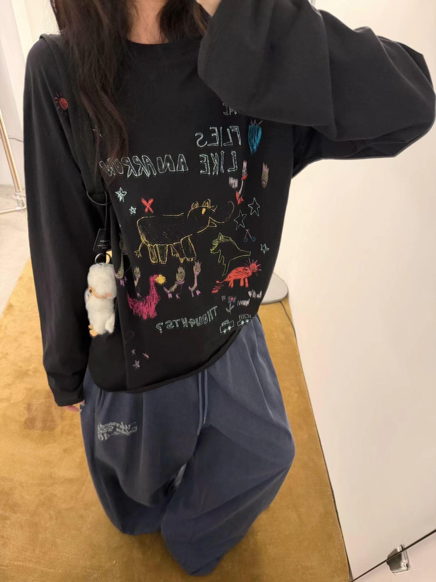 높은 품질 순면 200그램 21 빗질하다 정밀 프린트 가을 루즈핏 긴팔 티셔츠 여성