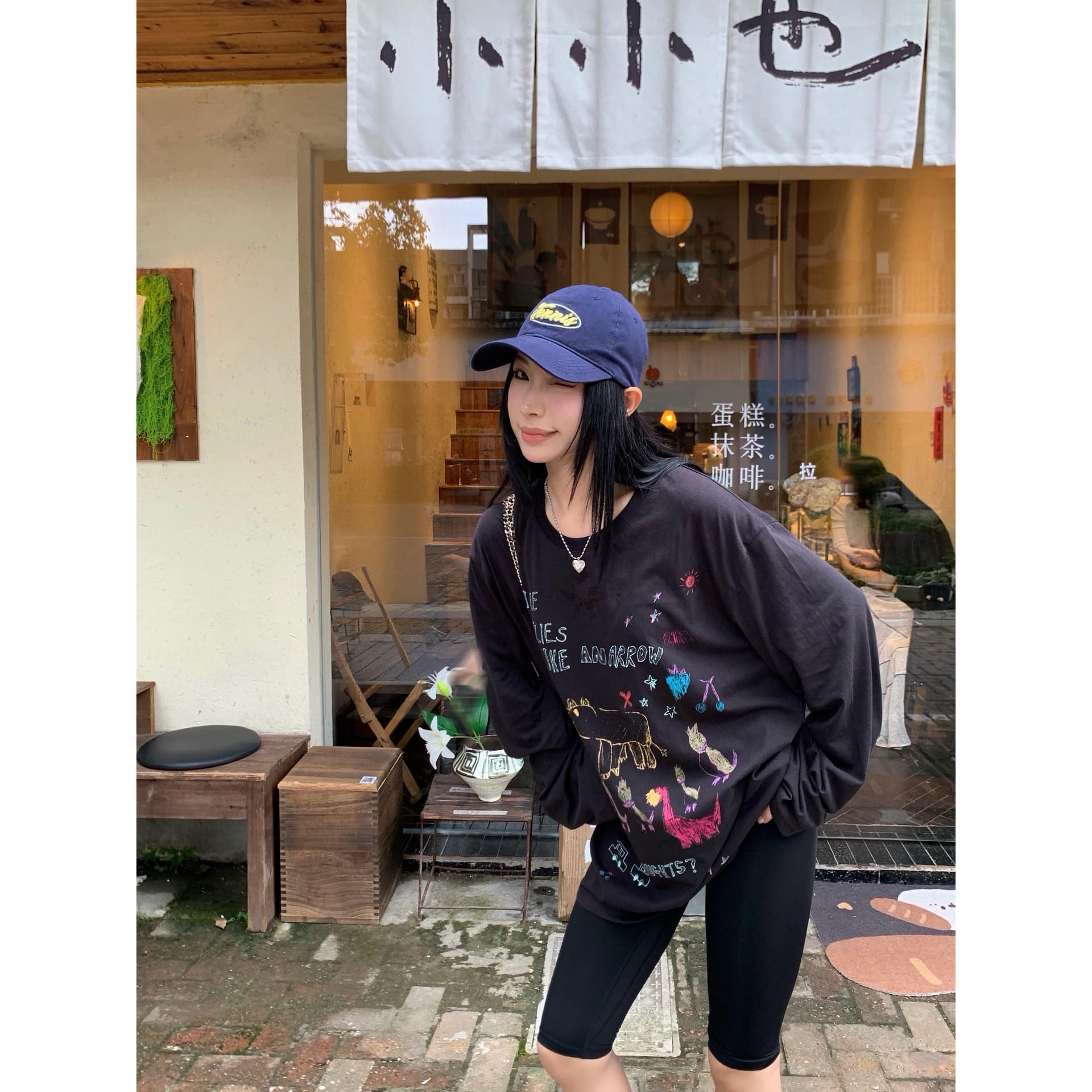 높은 품질 순면 200그램 21 빗질하다 정밀 프린트 가을 루즈핏 긴팔 티셔츠 여성 이미지 5