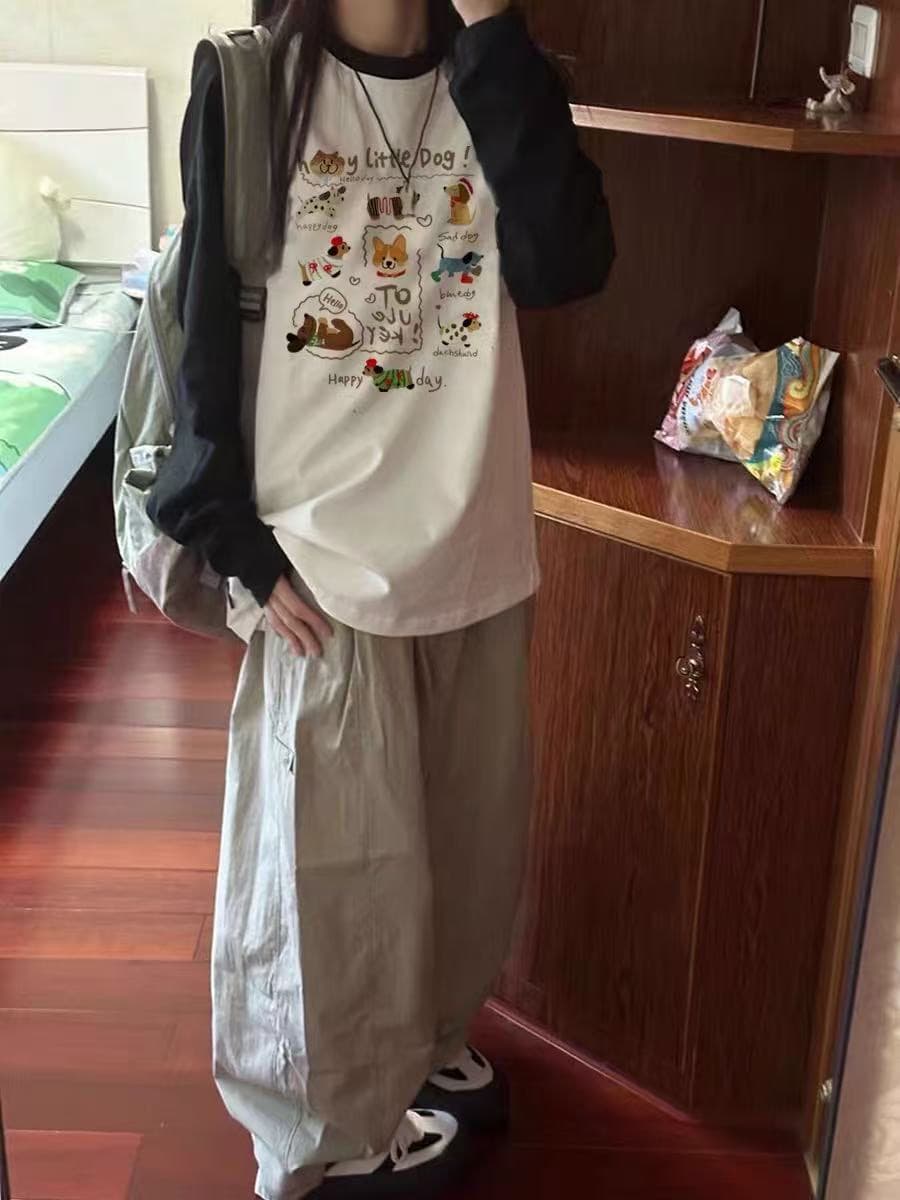 높은 품질 순면 200그램 21 빗질하다 정밀 프린트 가을 패치워크 색상 긴팔 티셔츠 여성 이미지 3