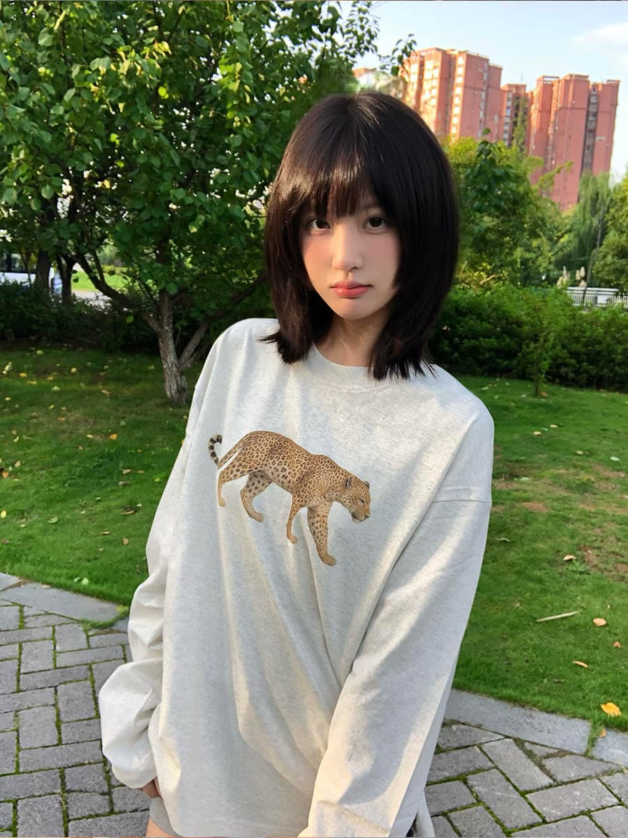 높은 품질 순면 200그램 21 빗질하다 정밀 프린트 가을 패치워크 색상 긴팔 티셔츠 여성 상세 이미지 2
