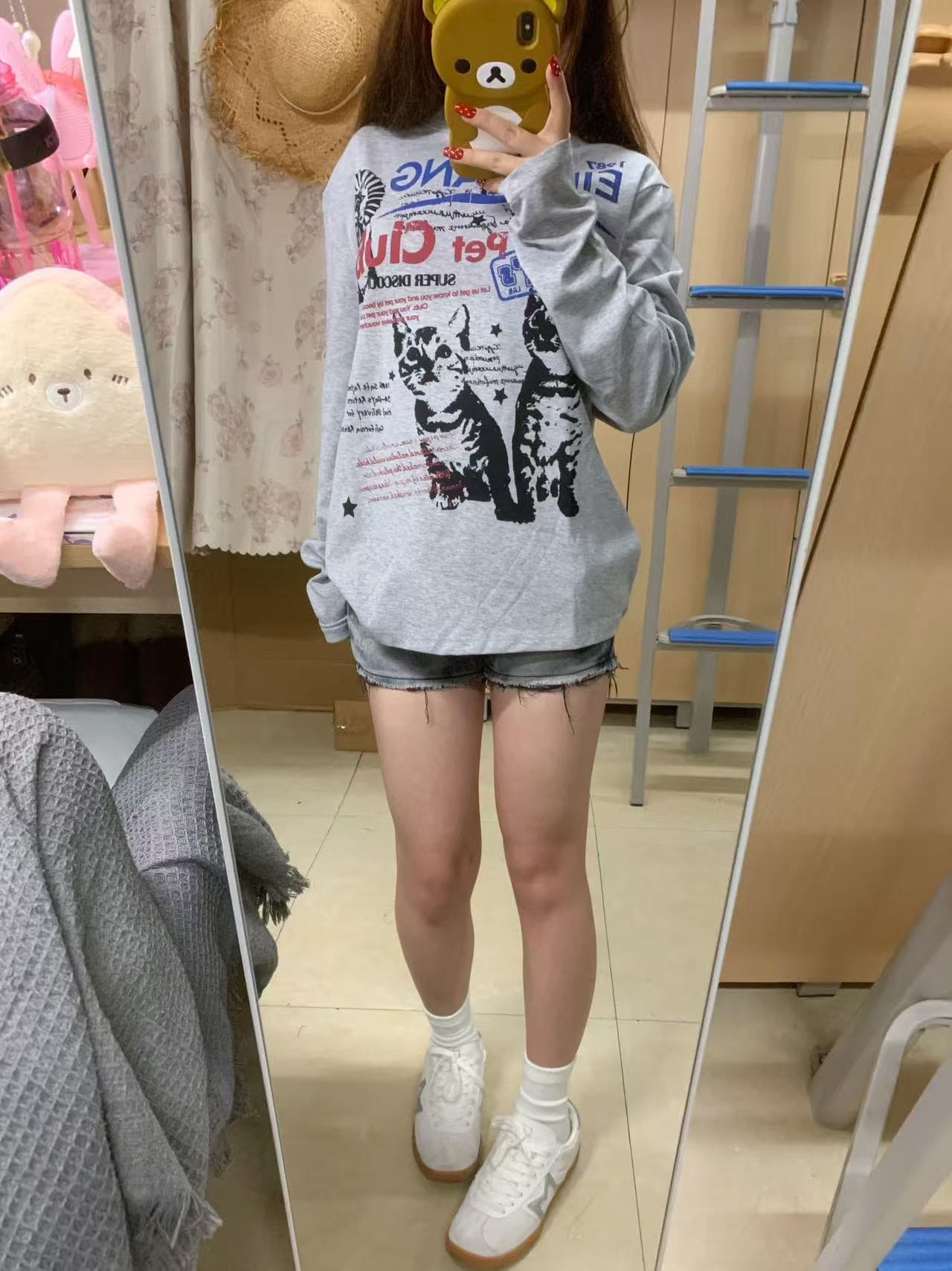 높은 품질 순면 200그램 21 빗질하다 정밀 프린트 가을 루즈핏 긴팔 티셔츠 여성 이미지 2