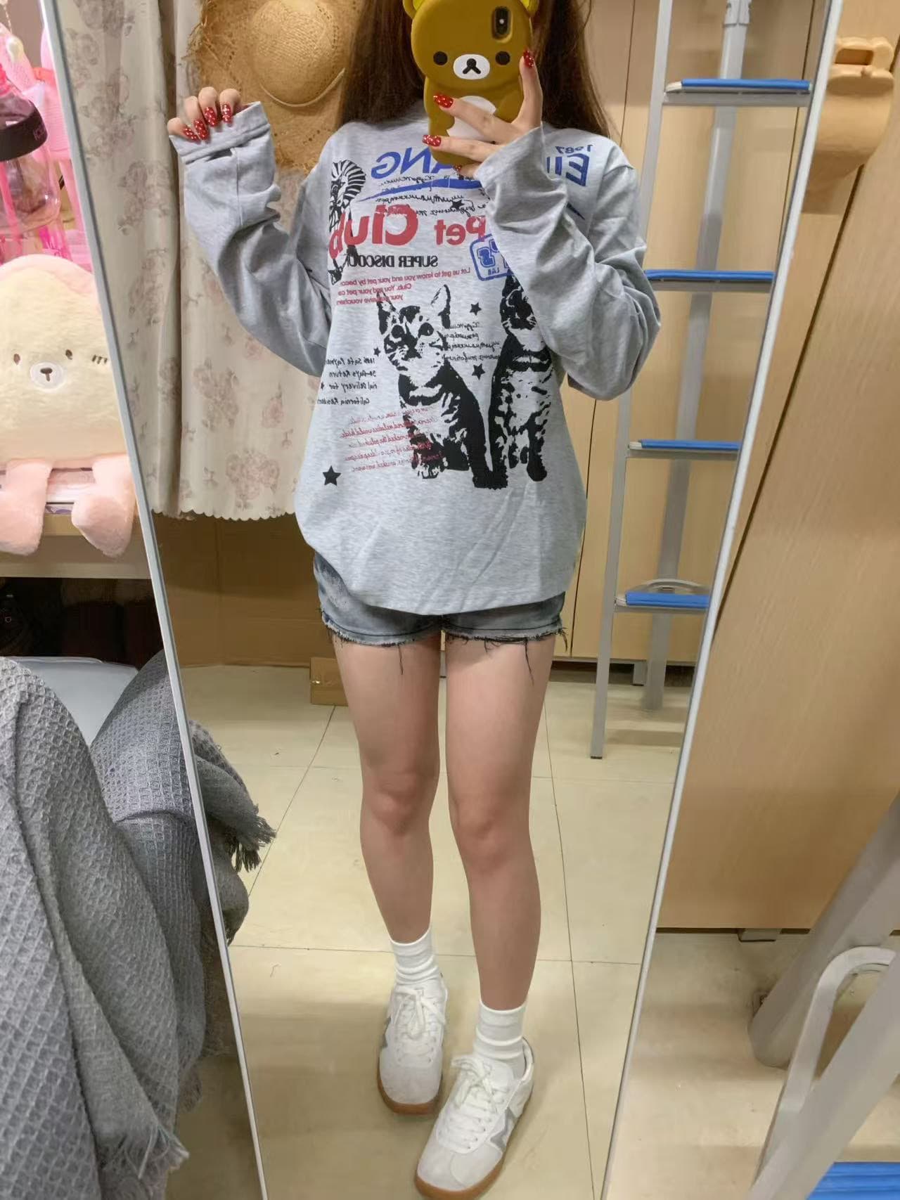 높은 품질 순면 200그램 21 빗질하다 정밀 프린트 가을 루즈핏 긴팔 티셔츠 여성 이미지 3