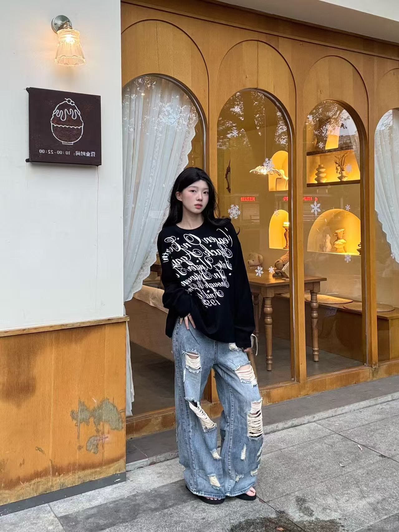 높은 품질 순면 200그램 21 빗질하다 정밀 프린트 가을 루즈핏 긴팔 티셔츠 여성