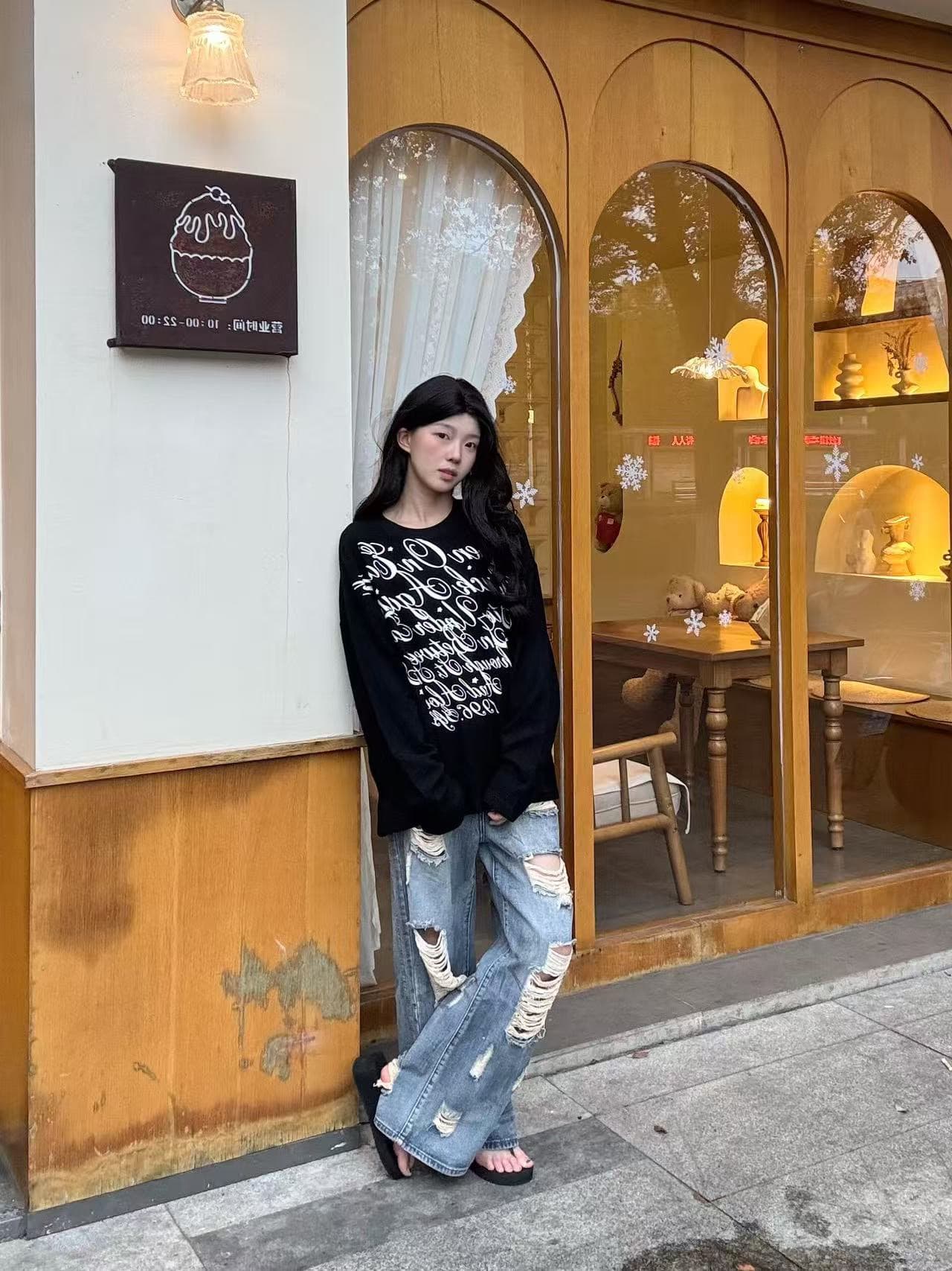 높은 품질 순면 200그램 21 빗질하다 정밀 프린트 가을 루즈핏 긴팔 티셔츠 여성 이미지 3