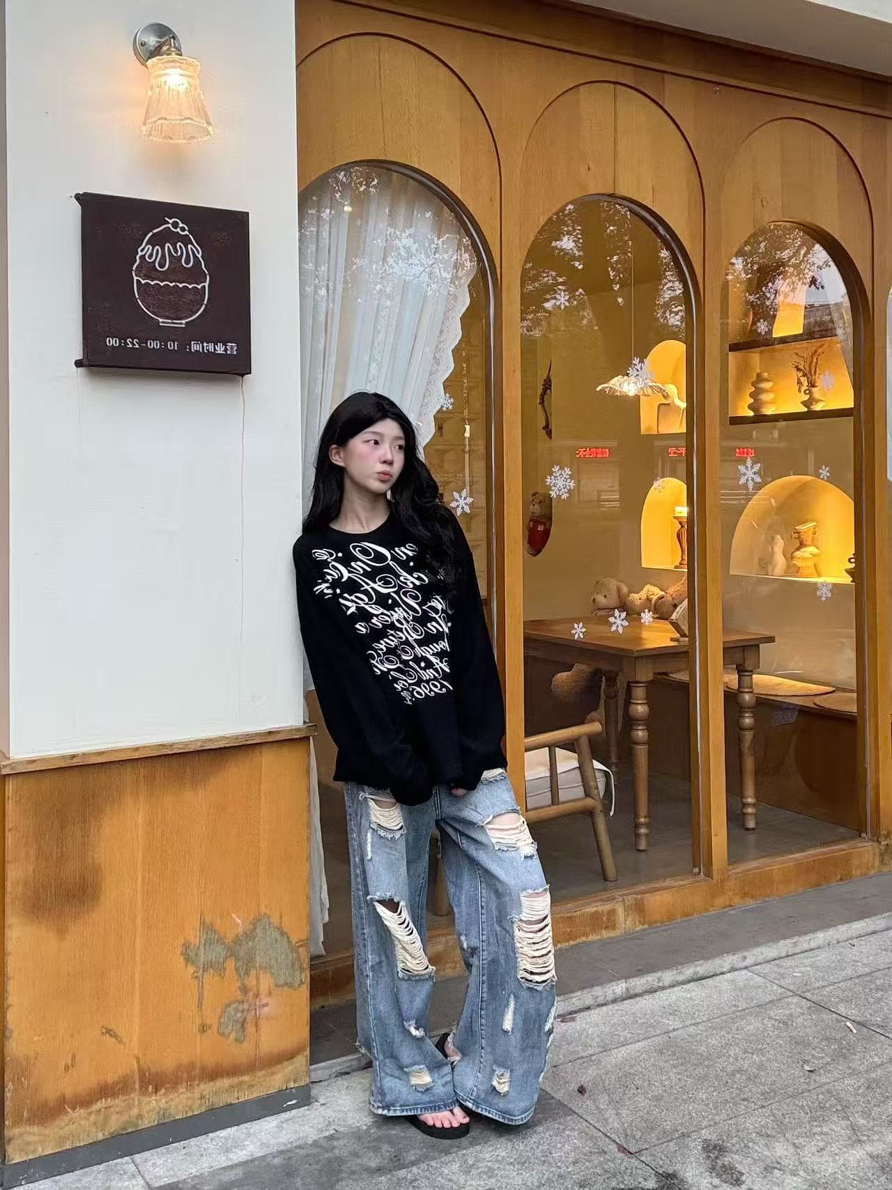높은 품질 순면 200그램 21 빗질하다 정밀 프린트 가을 루즈핏 긴팔 티셔츠 여성 상세 이미지 2