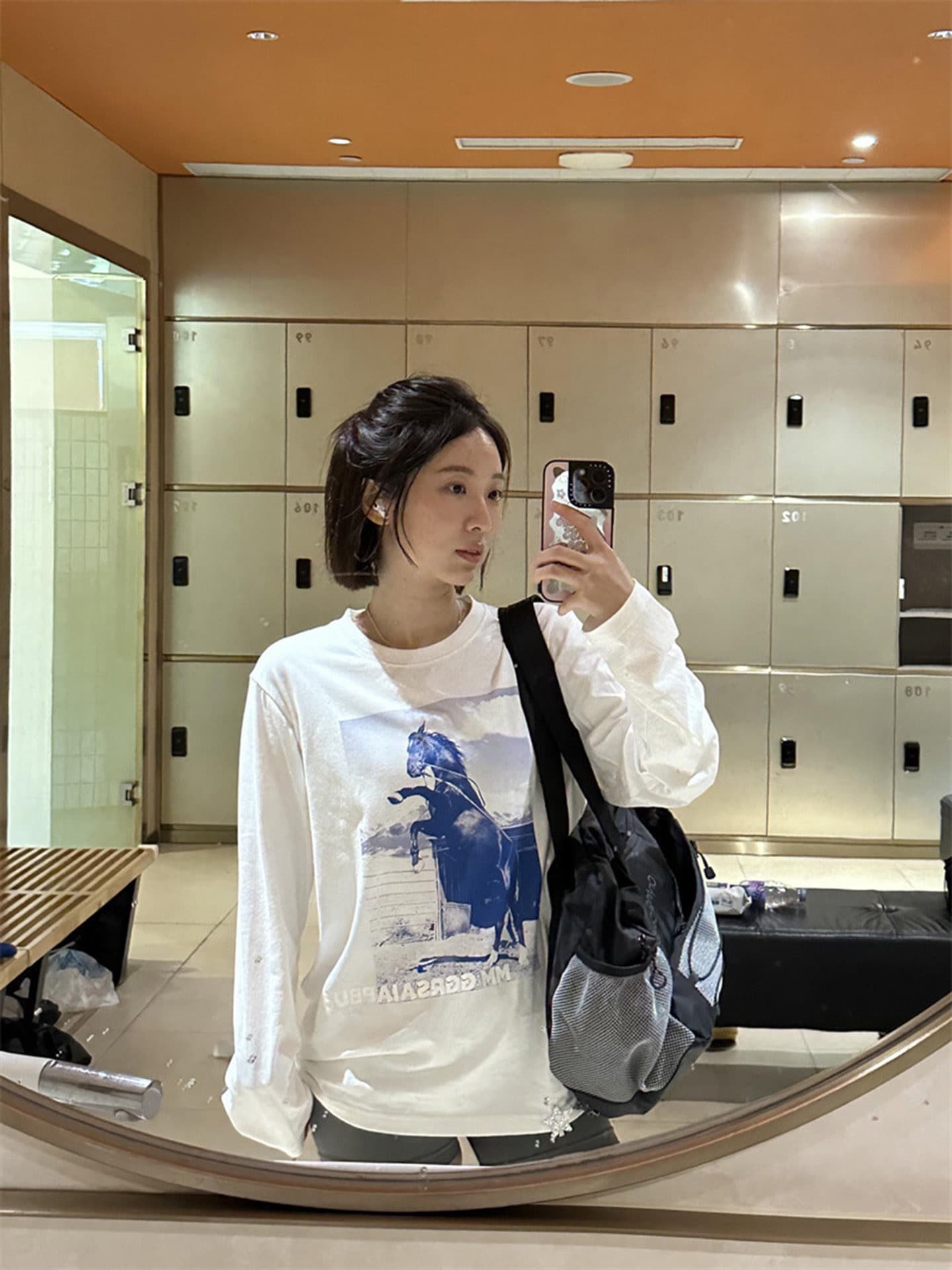 높은 품질 순면 200그램 21 빗질하다 정밀 프린트 가을 루즈핏 긴팔 티셔츠 여성 이미지 3