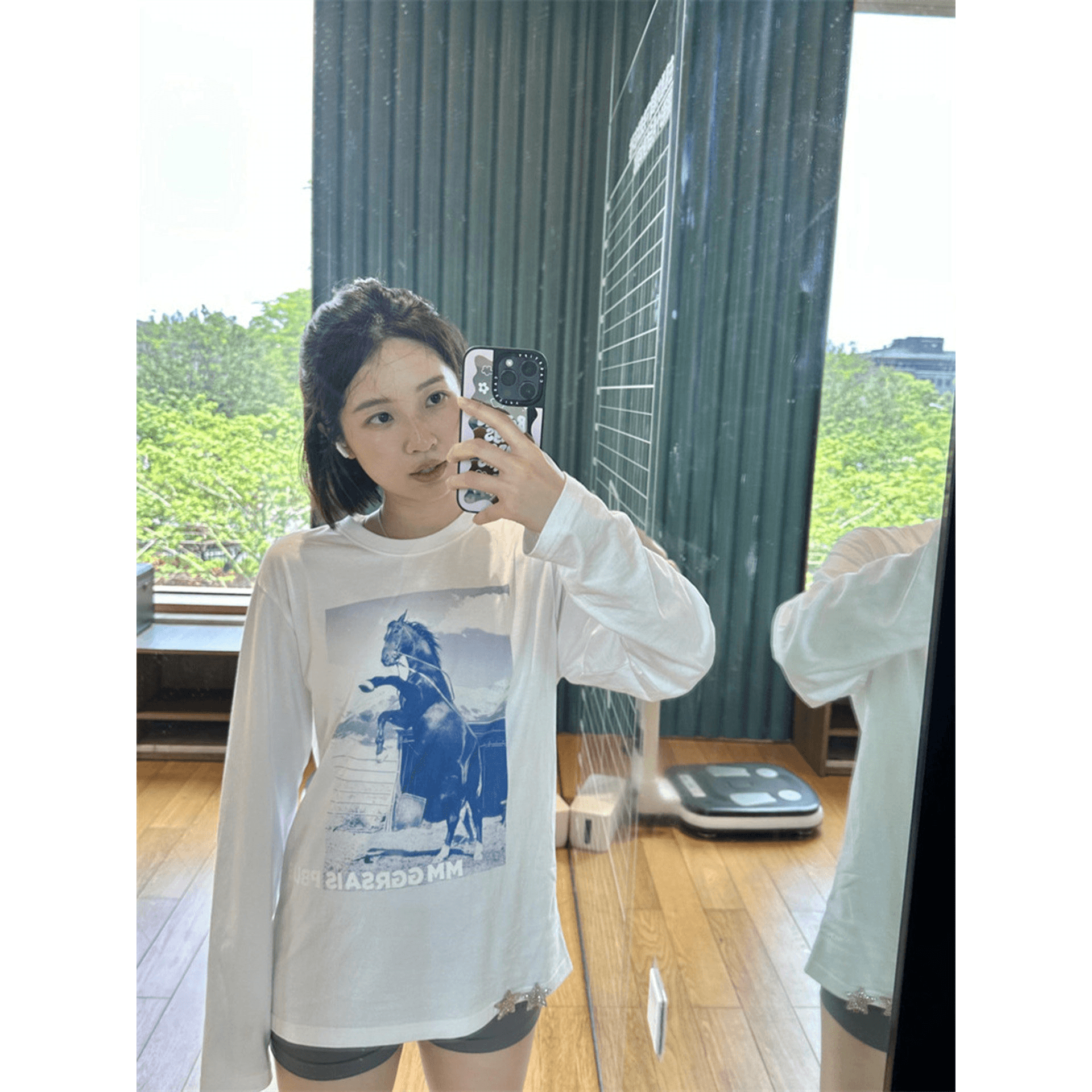 높은 품질 순면 200그램 21 빗질하다 정밀 프린트 가을 루즈핏 긴팔 티셔츠 여성 이미지 5