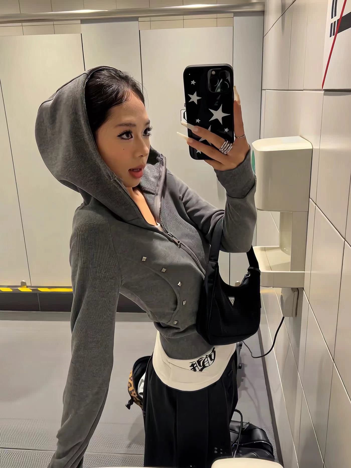아메리칸 레트로 더블 머리 지퍼 오픈 가디건 몸매 가꾸기 후드 티 스웨터 가을 슬림해 보이는 쇼트 스타일 여성 코트