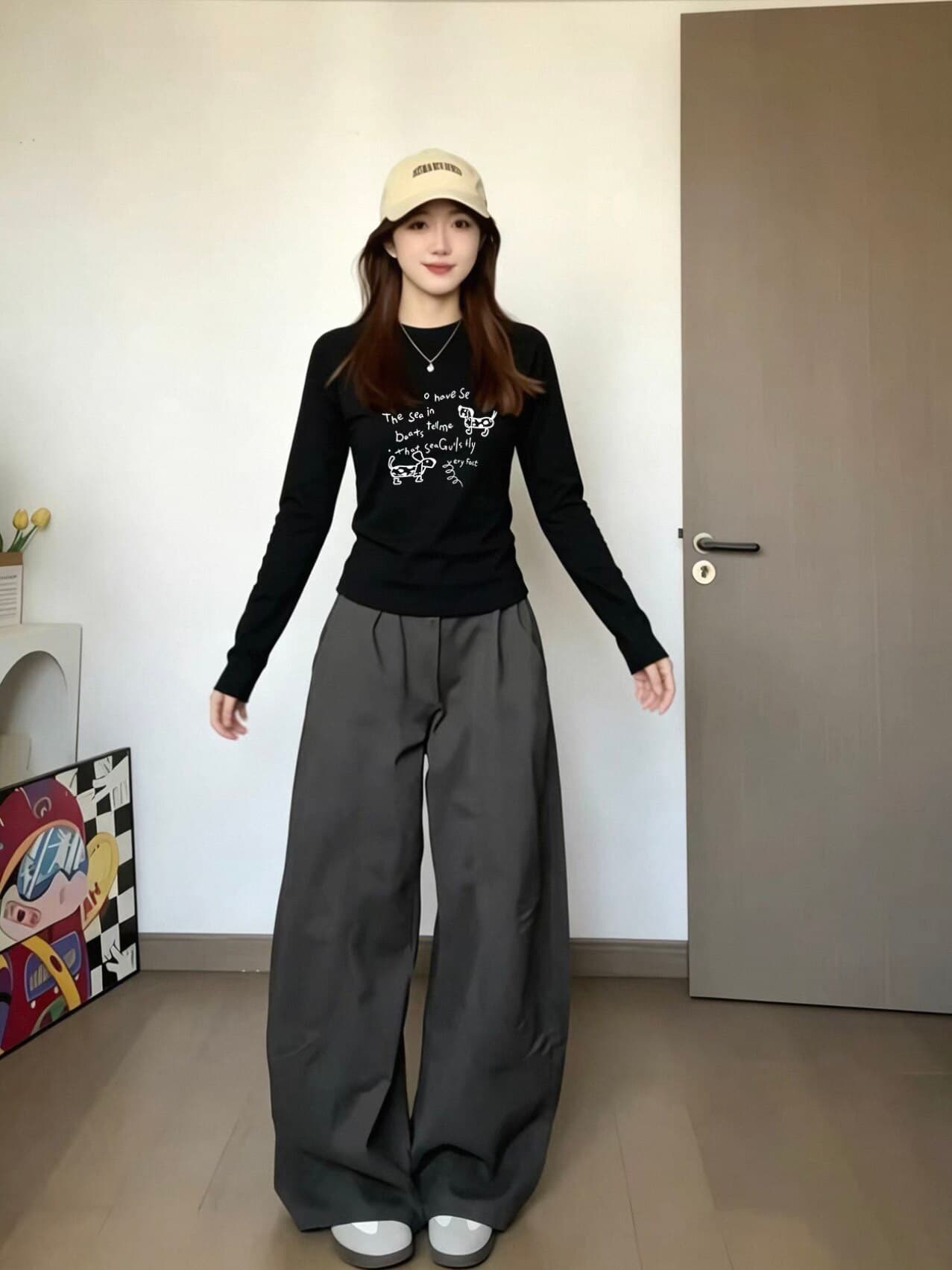 높은 품질 순면 220 그램 40 차가운 미끄러짐 음식 털 92 면 8 암모니아 Lun 프린트 몸매 가꾸기 긴팔 티셔츠 이미지 2