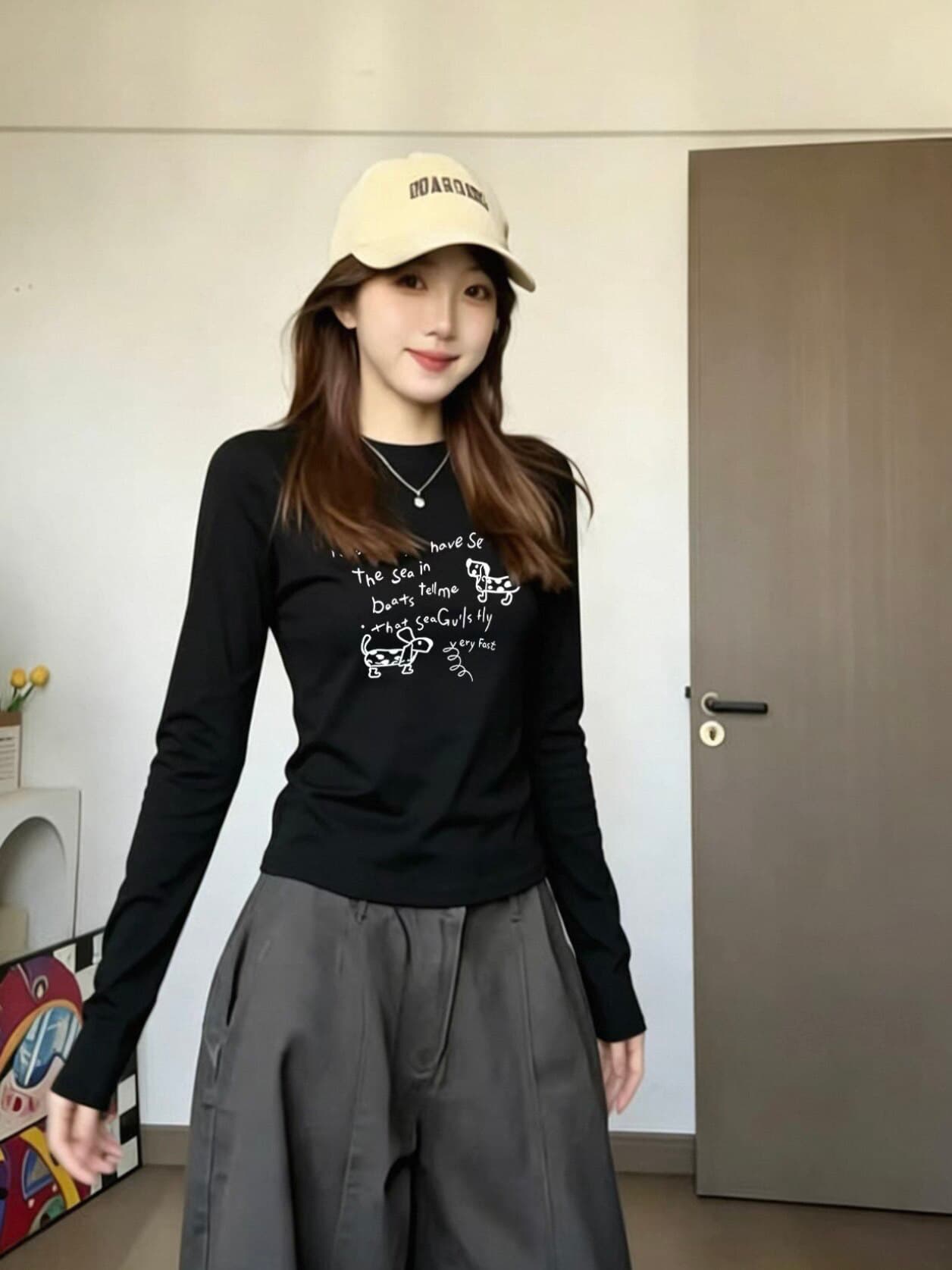 높은 품질 순면 220 그램 40 차가운 미끄러짐 음식 털 92 면 8 암모니아 Lun 프린트 몸매 가꾸기 긴팔 티셔츠 이미지 3