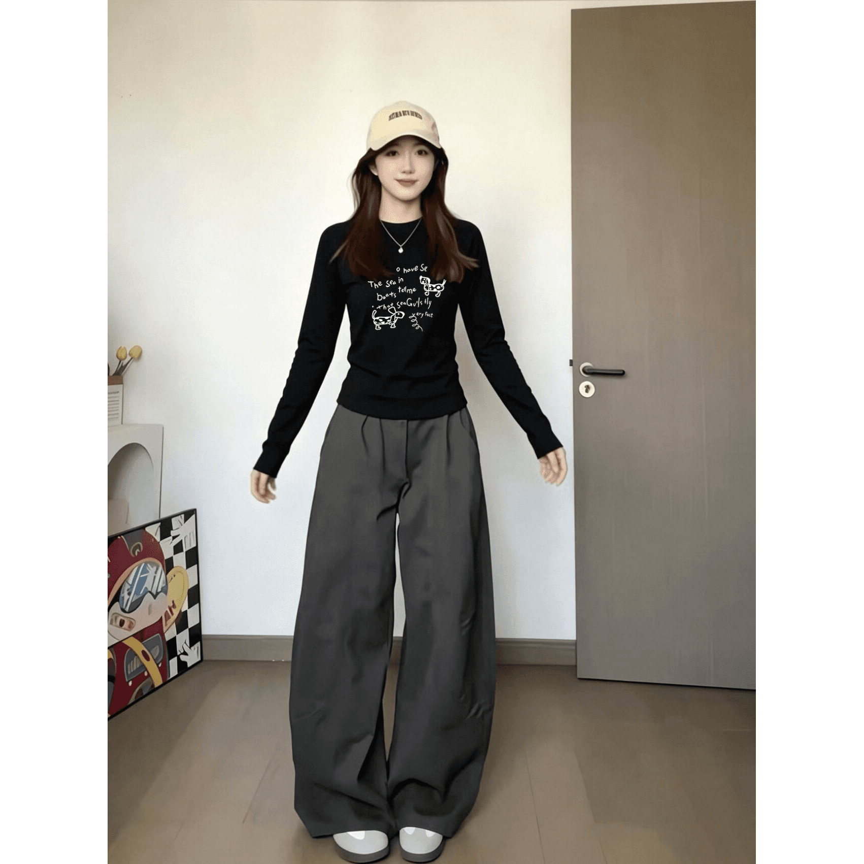 높은 품질 순면 220 그램 40 차가운 미끄러짐 음식 털 92 면 8 암모니아 Lun 프린트 몸매 가꾸기 긴팔 티셔츠 이미지 5