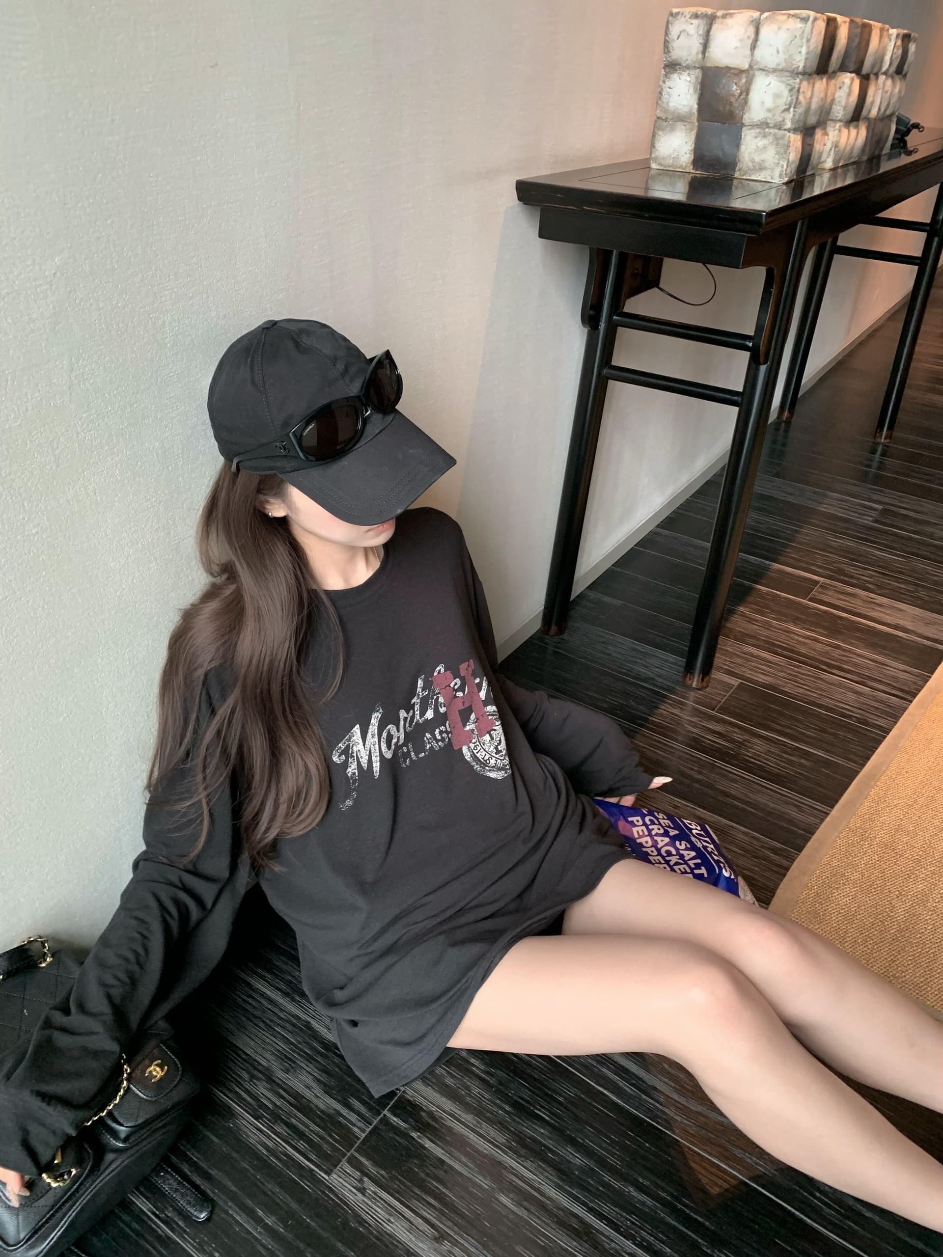 원본 것 순면 200그램 21 음식 털 느낌 프린트 루즈핏 만나는 손 소매 뭉치 구두 긴팔 티셔츠 이미지 4