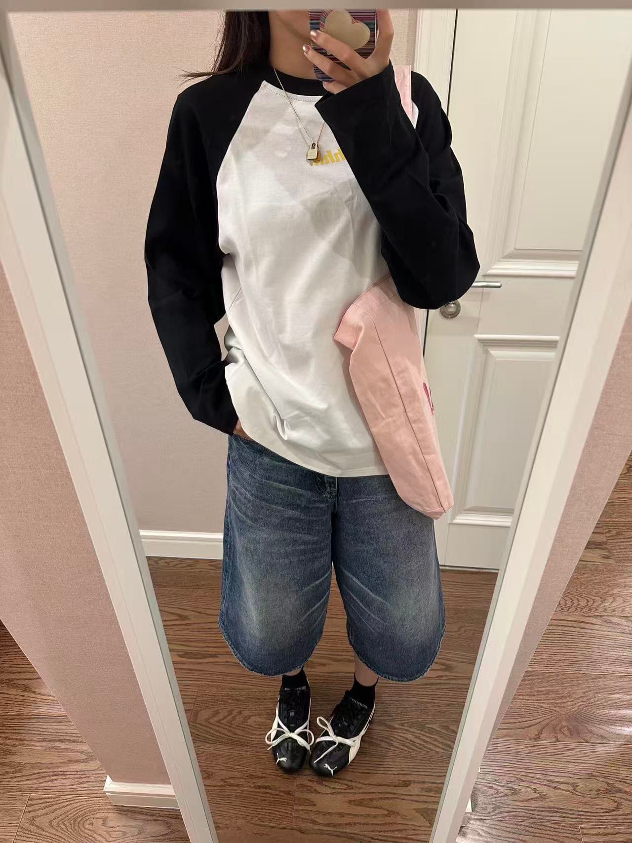 아메리칸 레트로 순면 패치워크 배색 라운드 넥 루즈핏 프린트 긴팔 티셔츠 이미지 2
