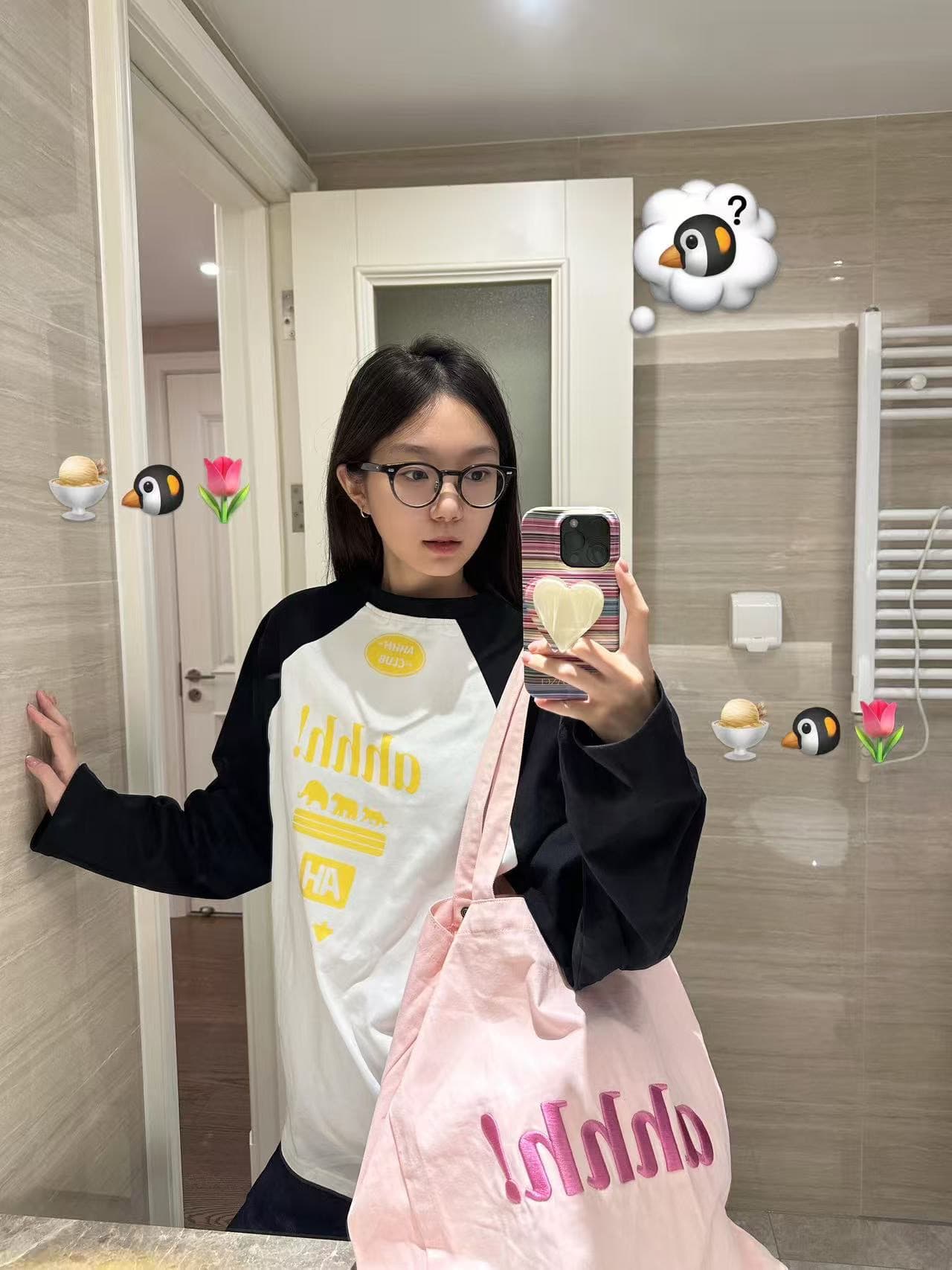아메리칸 레트로 순면 패치워크 배색 라운드 넥 루즈핏 프린트 긴팔 티셔츠 상세 이미지 1