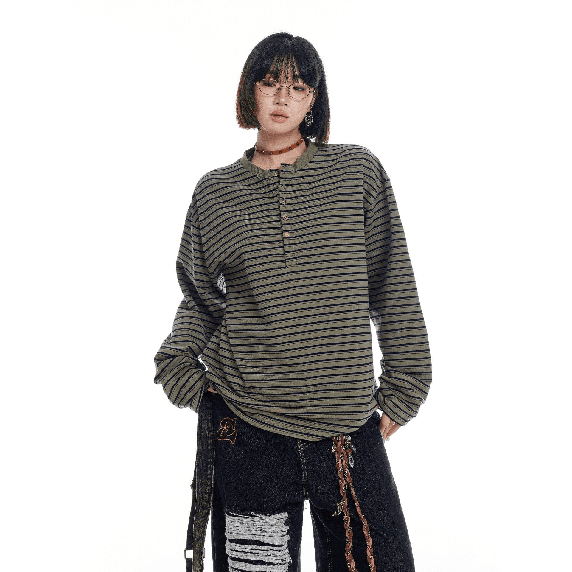 원본 원단 240 그램 조수 브랜드 더블 실 고급 빗질된 면 헨리 칼라 느긋한 바람 긴팔 티셔츠 이미지 5