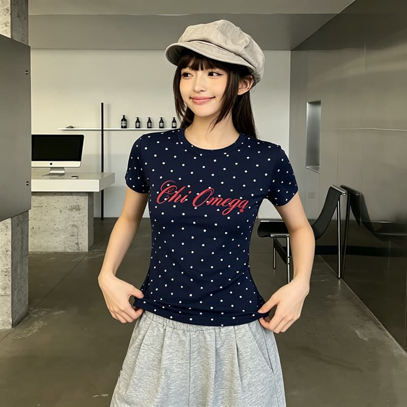220 그램 40 1 1 순면 한 부서 새로운 패션 디자인 센스 라운드 넥 도트 무늬 프린트 반팔 상세 이미지 4