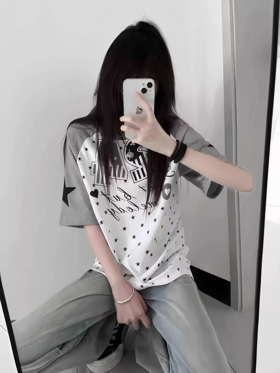 전체 조각 프린트 공예 더블 소매 인쇄 이후 패키지 칼라 순면 빗질하다 닫기 커플 루즈핏 반팔 티셔츠 이미지 3