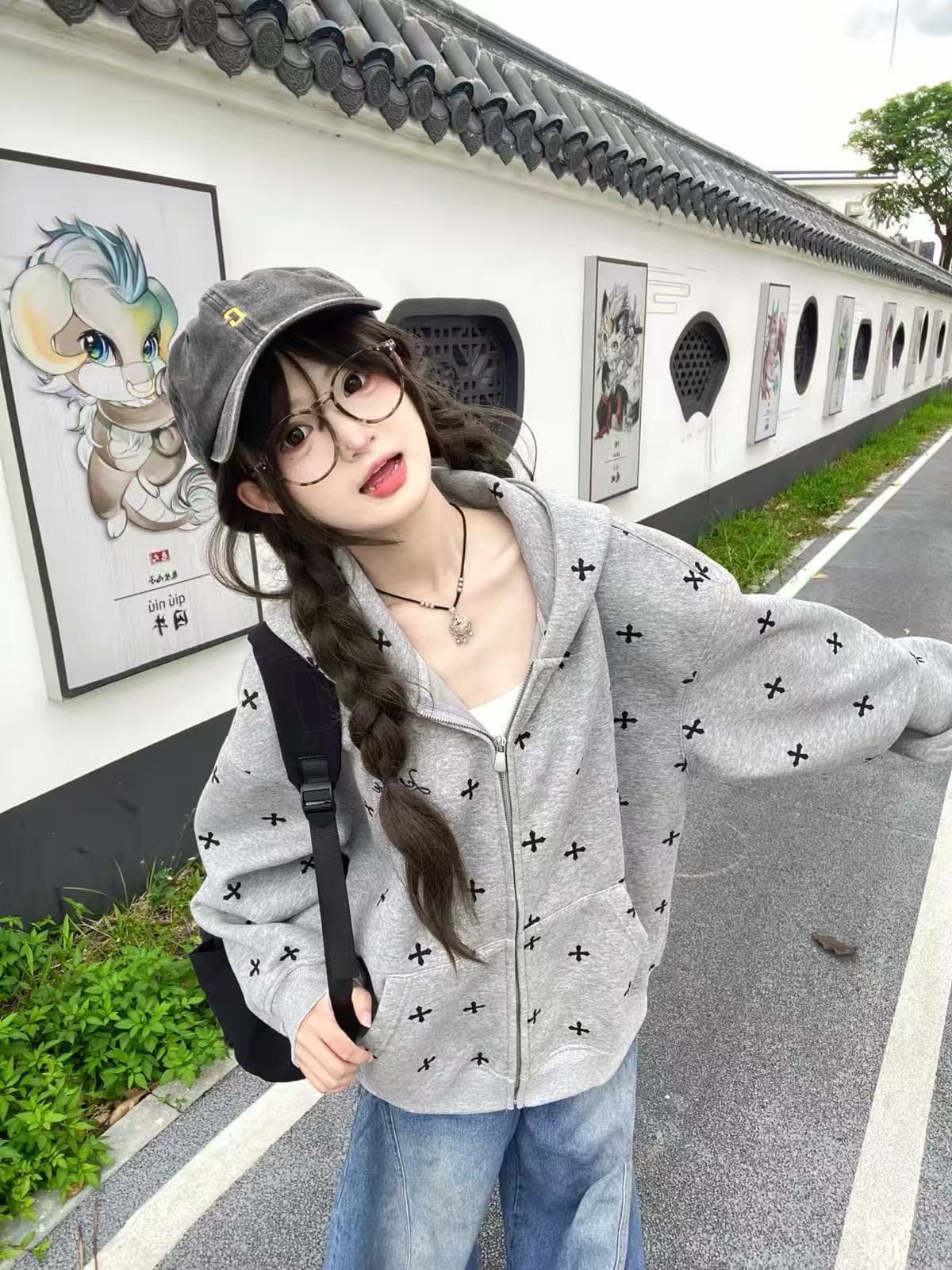 전체 인쇄 자수 표지 사슬 소매 구멍 이후 패키지 칼라 순수한 Mianhua 면 커플 지퍼 상세 이미지 2