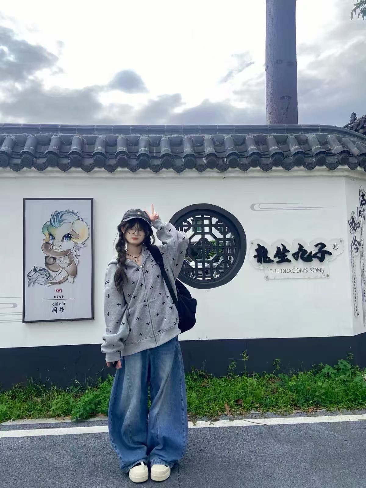 전체 인쇄 자수 표지 사슬 소매 구멍 이후 패키지 칼라 순수한 Mianhua 면 커플 지퍼 상세 이미지 4