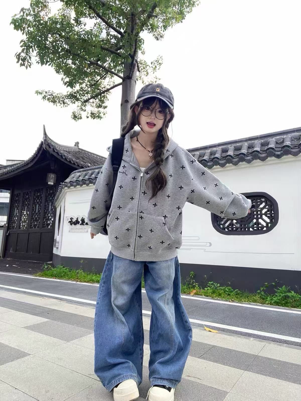 전체 인쇄 자수 표지 사슬 소매 구멍 이후 패키지 칼라 순수한 Mianhua 면 커플 지퍼 상세 이미지 5